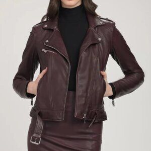 DANIER Juliette Genuine Leather Moto Jacket in Bordeaux
